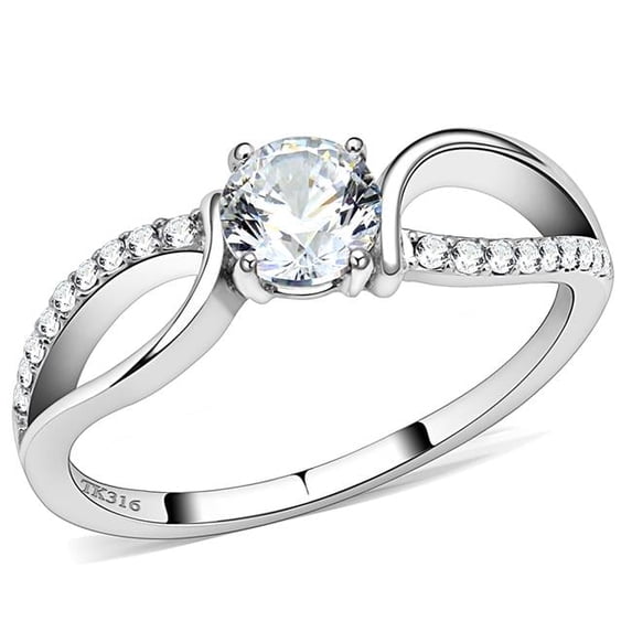Women High Polished Stainless Steel Ring with AAA Grade CZ in Clear - Size 10