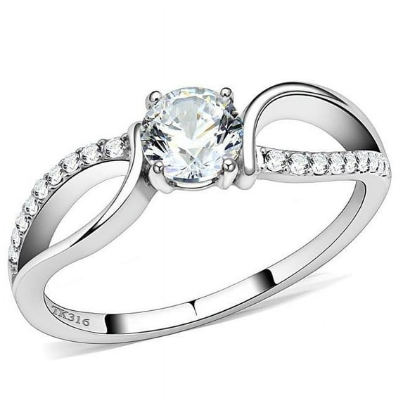 Women High Polished Stainless Steel Ring with AAA Grade CZ in Clear - Size 5