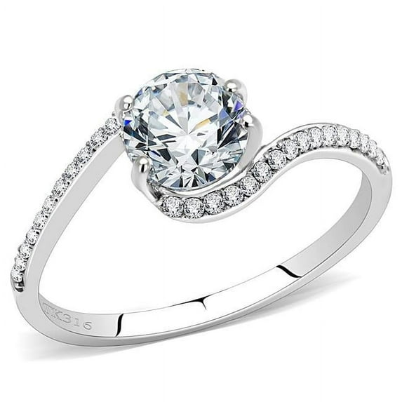 Women High Polished Stainless Steel Ring with AAA Grade CZ in Clear - Size 5
