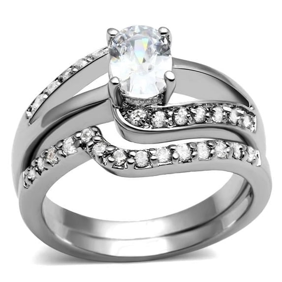 Women High Polished Stainless Steel Ring with AAA Grade CZ in Clear - Size 6