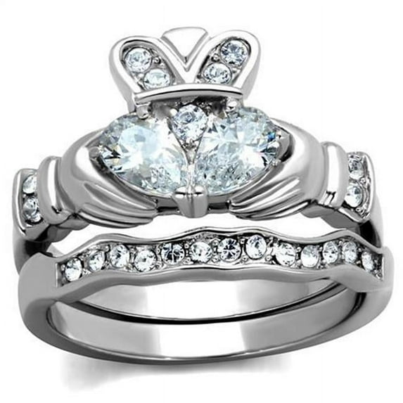 Women High Polished Stainless Steel Ring with AAA Grade CZ in Clear - Size 7