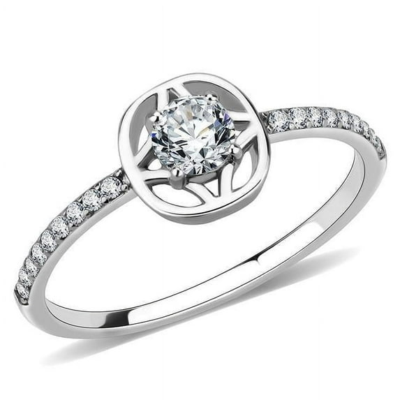 Women High Polished Stainless Steel Ring with AAA Grade CZ in Clear - Size 7