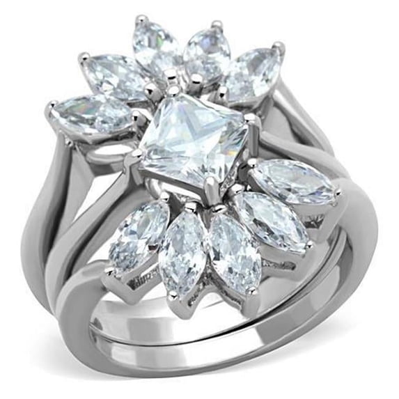 Women High Polished Stainless Steel Ring with AAA Grade CZ in Clear - Size 7