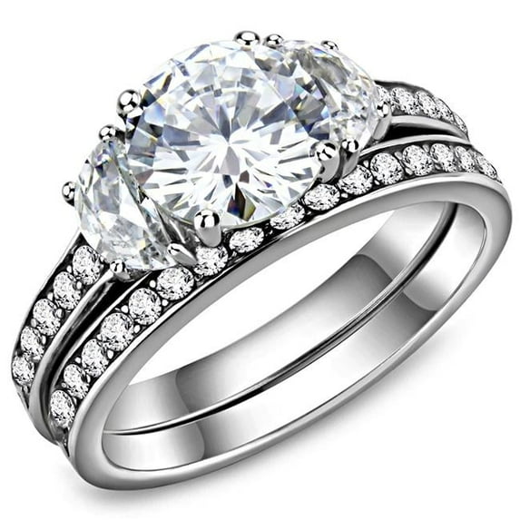 Women High Polished Stainless Steel Ring with AAA Grade CZ in Clear - Size 8