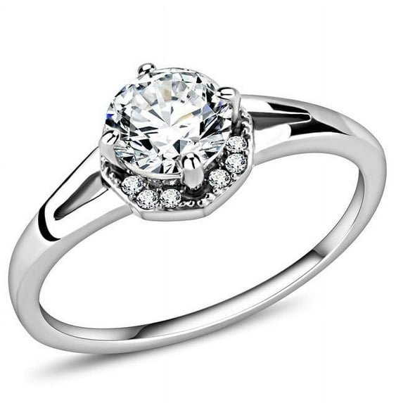 Women High Polished Stainless Steel Ring with AAA Grade CZ in Clear - Size 8