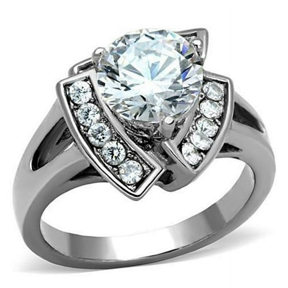 Women High Polished Stainless Steel Ring with AAA Grade CZ in Clear - Size 9