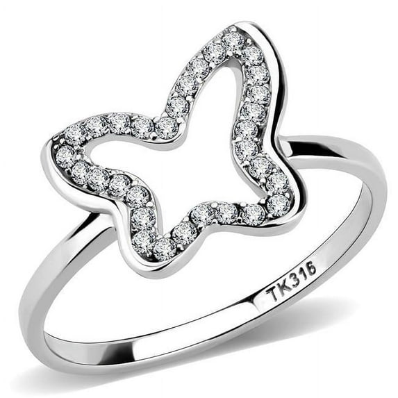 Women High Polished Stainless Steel Ring with AAA Grade CZ in Clear - Size 9