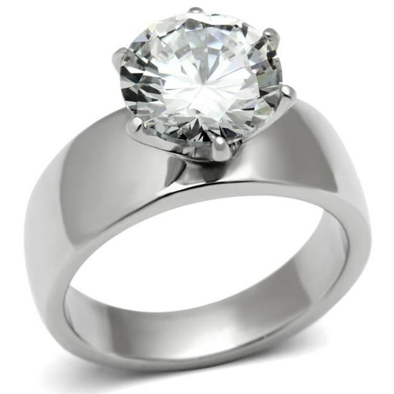 Women High Polished Stainless Steel Ring with AAA Grade CZ in Clear - Size 9