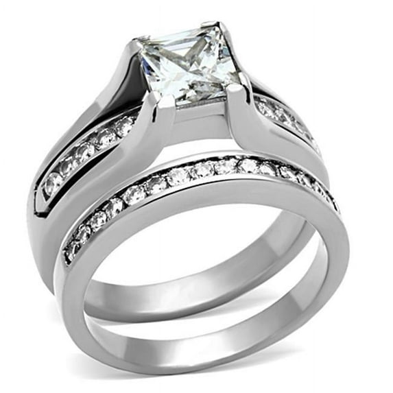 Women High Polished Stainless Steel Ring with AAA Grade CZ in Clear - Size 9