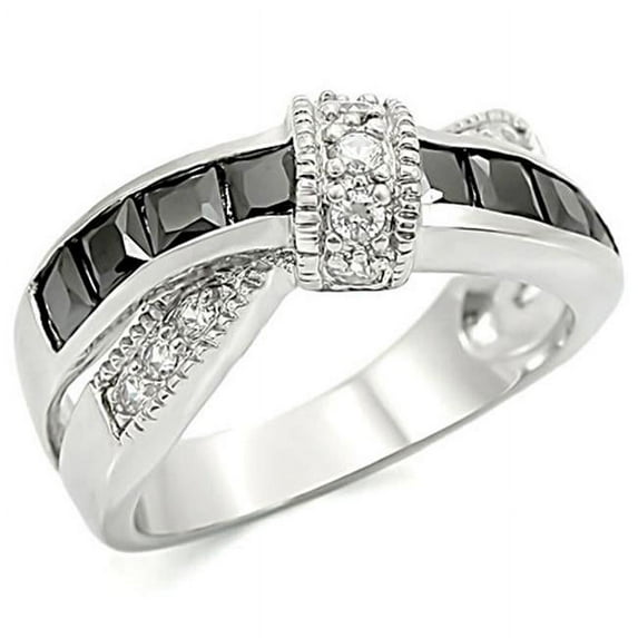 Women High Polished Stainless Steel Ring with AAA Grade CZ in Jet - Size 10