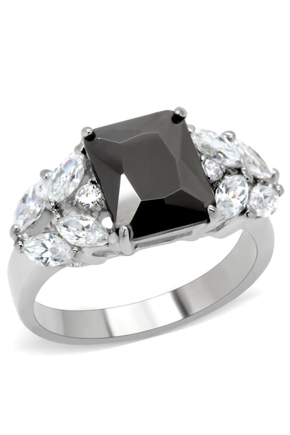 Women High Polished Stainless Steel Ring with AAA Grade CZ in Jet - Size 5