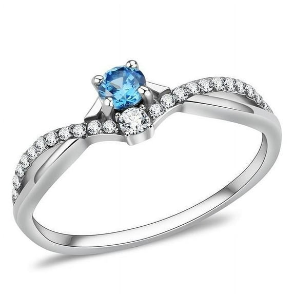 Women High Polished Stainless Steel Ring with AAA Grade CZ in Sea Blue - Size 7
