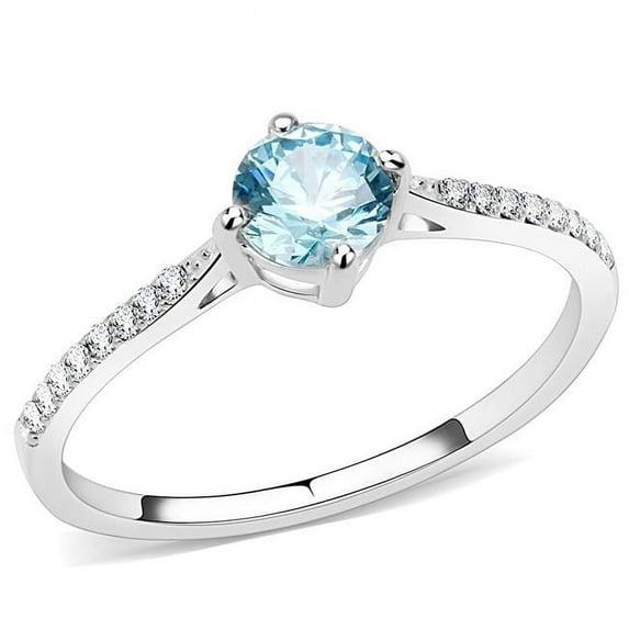 Women High Polished Stainless Steel Ring with AAA Grade CZ in Sea Blue - Size 8
