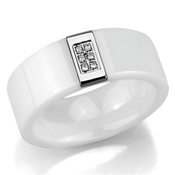 Women High Polished Stainless Steel Ring with Ceramic in White - Size 6