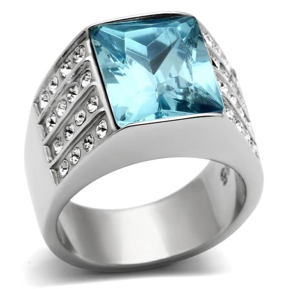 Women High Polished Stainless Steel Ring with Synthetic in Sea Blue - Size 6