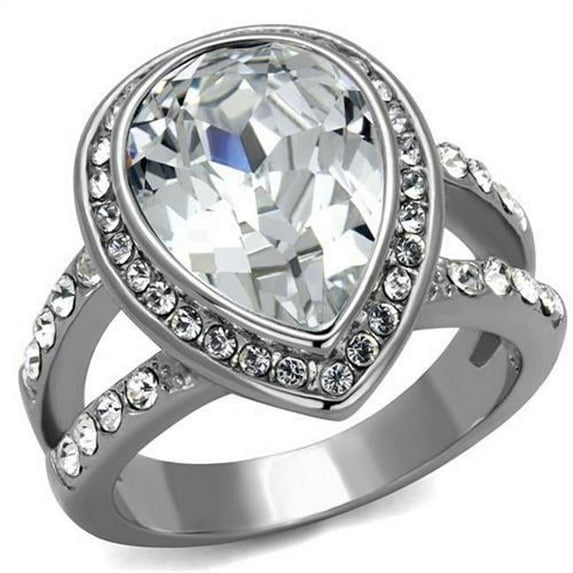 Women High Polished Stainless Steel Ring with Top Grade Crystal in Clear - Size 6