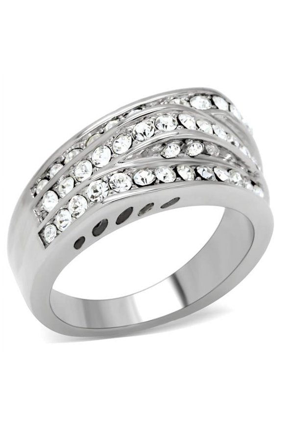 Women High Polished Stainless Steel Ring with Top Grade Crystal in Clear - Size 7