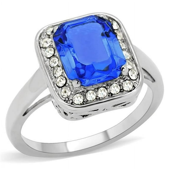 Women High Polished Stainless Steel Ring with Top Grade Crystal in Sapphire - Size 10