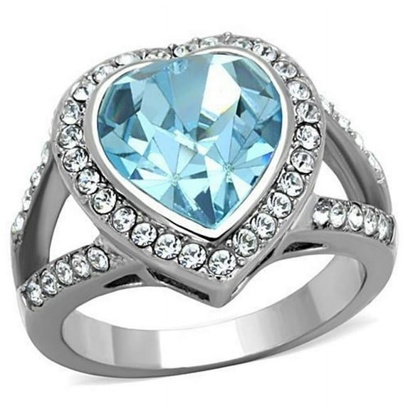 Women High Polished Stainless Steel Ring with Top Grade Crystal in Sea Blue - Size 6