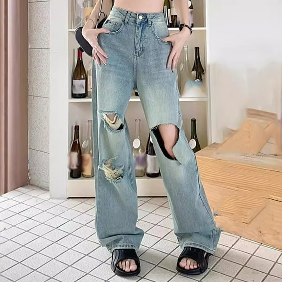 Women High Rise Baggy Ripped Jeans Straight Leg Baggy Jeans Loose Fit Distressed Denim Pants