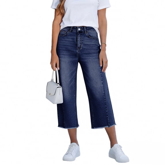 Women High Rise Capri Denim Jeans, Versatile Raw Hem Relaxed Wide Leg Casual Cropped Trousers 03-Navy M