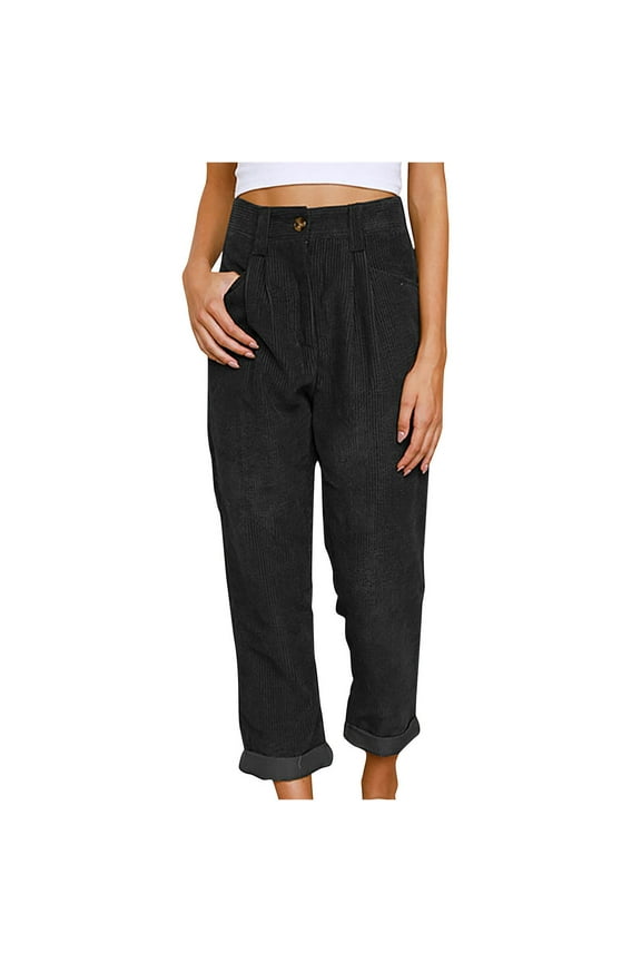 Women High Rise Corduroy Pants with Pockets Straight Leg Button Zip Fly Comfortable Fall Casual Pants