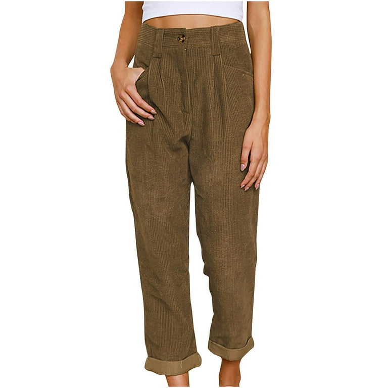Women High Rise Corduroy Pants with Pockets Straight Leg Button