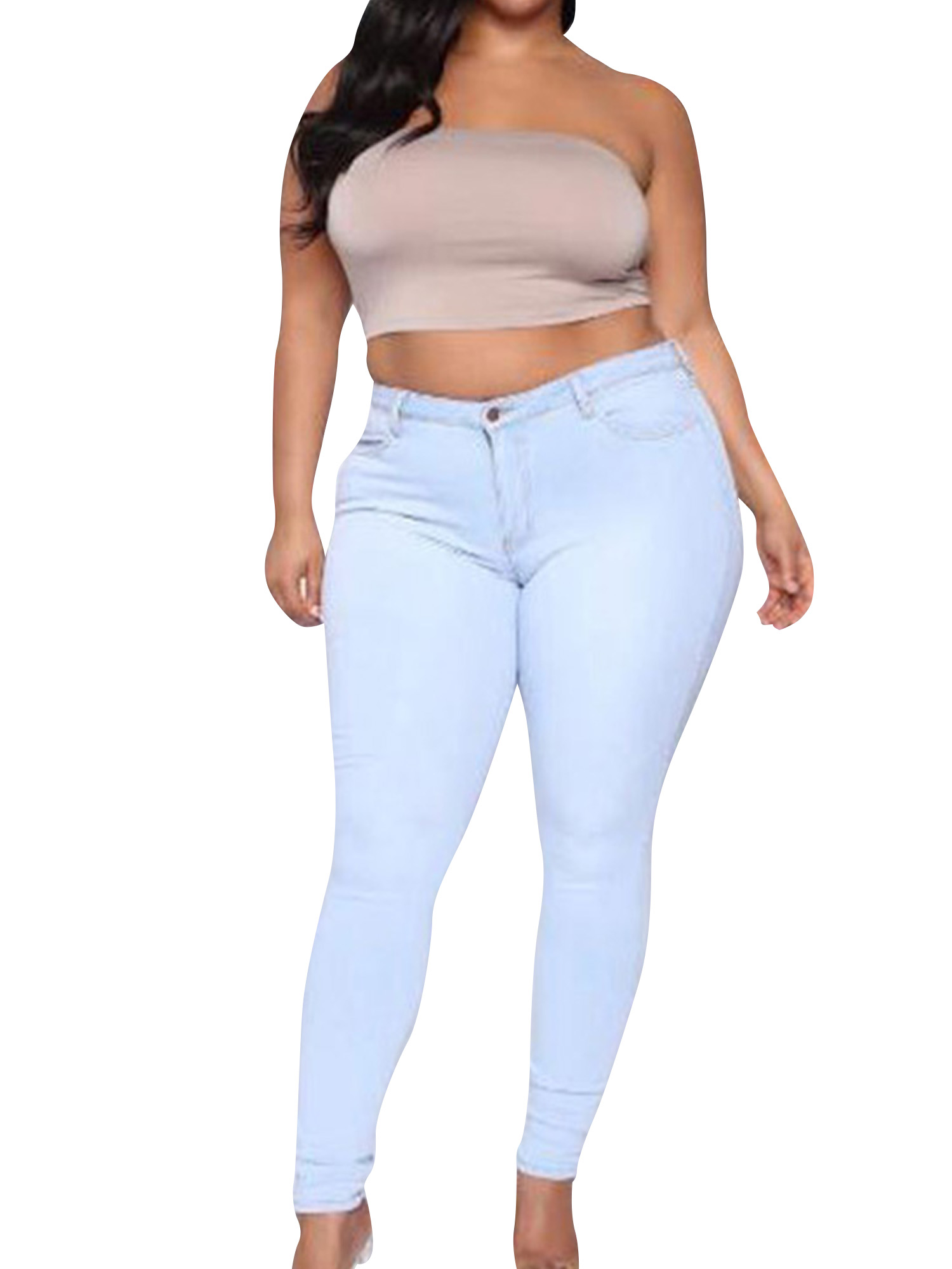 Women High Rise Distressed Solid Stretch Sexy Skinny Leg Denim Jeans Bodycon Jeggings Pencil Pants Trousers With Pockets - image 1 of 5