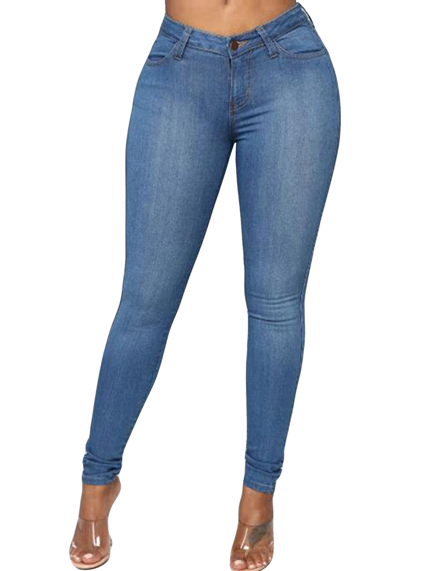 Women High Rise Distressed Solid Stretch Sexy Skinny Leg Denim Jeans Bodycon Jeggings Pencil Pants Trousers With Pockets - image 1 of 3