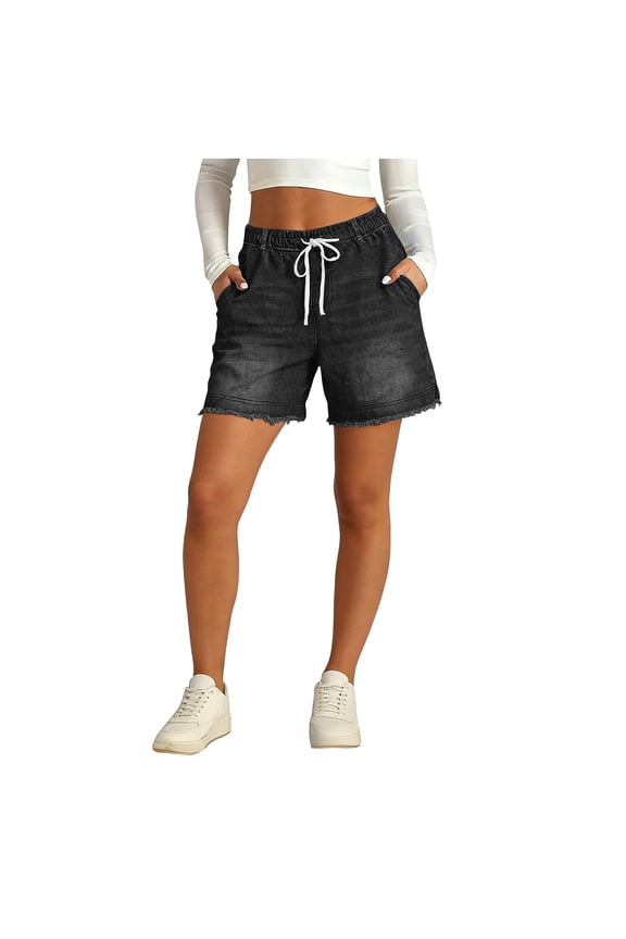 Women High Rise Ripped Stretchy Jeans Shorts Frayed Raw Hem Casual Denim Shorts Black S