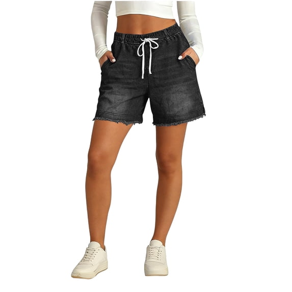 Women High Rise Ripped Stretchy Jeans Shorts Frayed Raw Hem Casual Denim Shorts Black S
