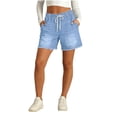 thumbnail image 1 of Women High Rise Ripped Stretchy Jeans Shorts Frayed Raw Hem Casual Denim Shorts Blue S, 1 of 7