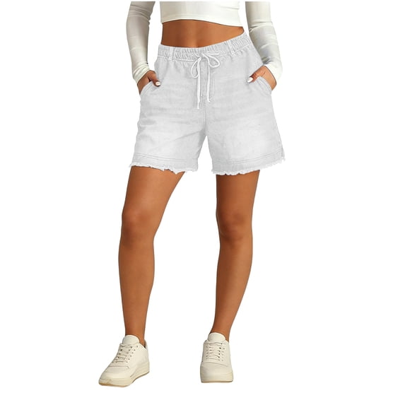 Women High Rise Ripped Stretchy Jeans Shorts Frayed Raw Hem Casual Denim Shorts White XL