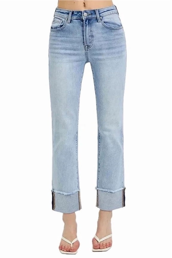 Women High Rise Straight Leg Cuffed Hem Jeans with Relaxed Fit for Everyday Casual Wear Washed Denim Pants All Day