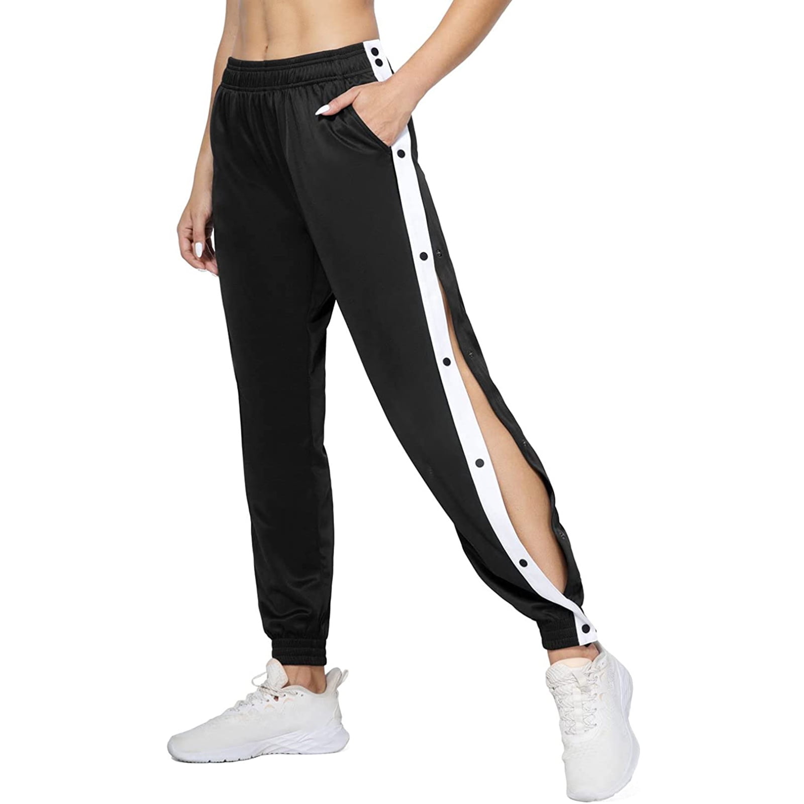 Women High Split Side Joggers Snap Button Track Pants High Waist Sport  Active Long Pant with Pocket 