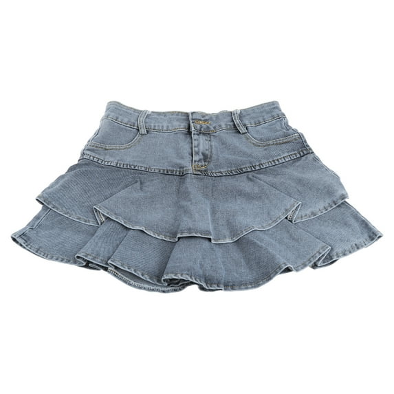 Women High Waist A-Line Mini Cake Jeans Skirt Vintage Washed Pleated Ruffles Layered Tiered Casual Slim Denim Streetwear