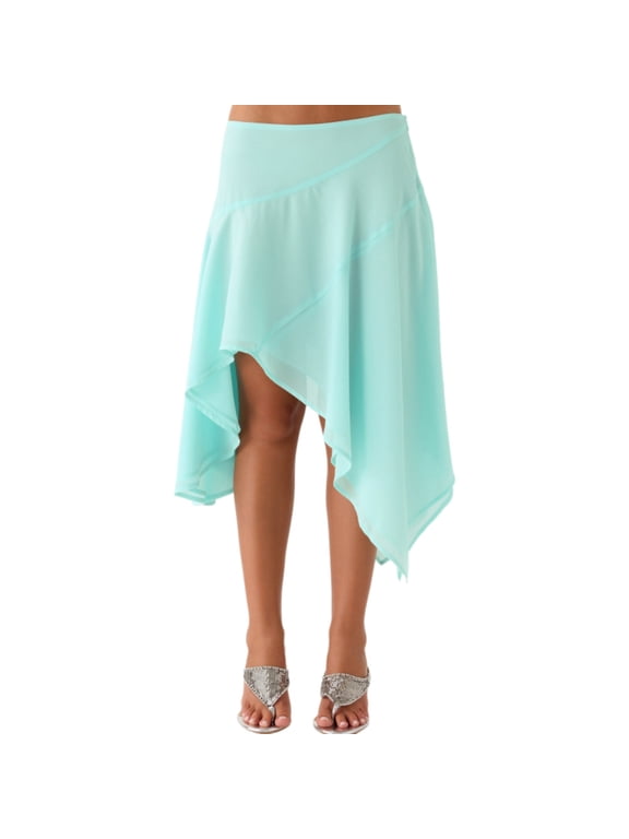 Women High Waist Asymmetrical Hem Skirt, Flowy Midi Skirt, Casual A-Line Skirt