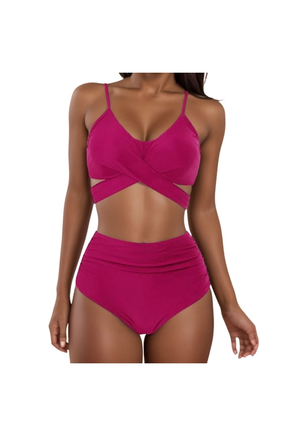 Women High Waist Bikini Set 2 Piece Halter Cross Wrap Push Up Top Bottom Bathing Swimsuit Set