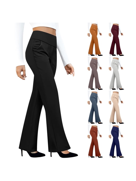 Women High Waist Bootcut Yoga Pants Wide Waistband Side Pockets Stretch Casual Dress Slacks Solid Work Trousers Black L