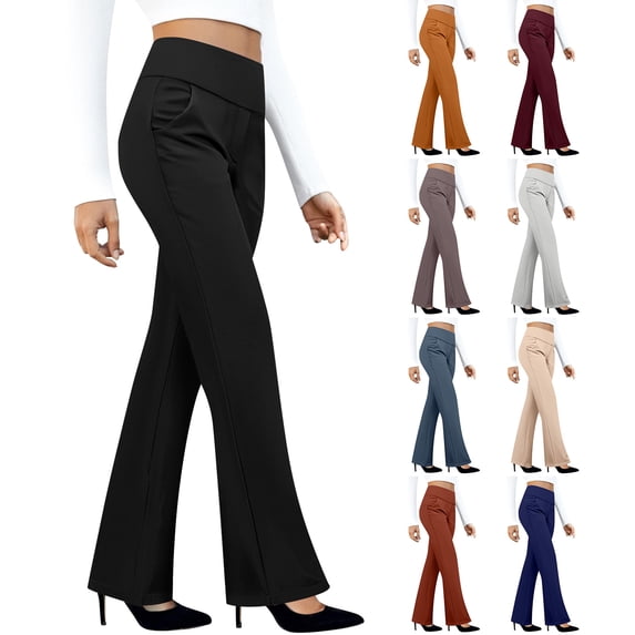 Women High Waist Bootcut Yoga Pants Wide Waistband Side Pockets Stretch Casual Dress Slacks Solid Work Trousers Red L