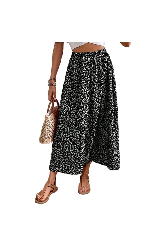 Women High Waist Button Down Floral Print Maxi Skirt with Elastic Waistband Casual Loose Fit Summer Skirt Black L