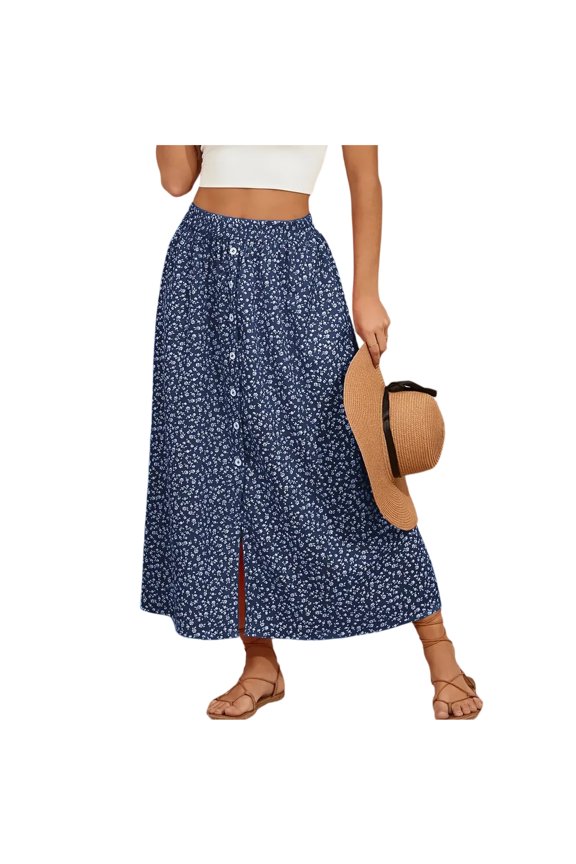 Women High Waist Button Down Floral Print Maxi Skirt with Elastic Waistband Casual Loose Fit Summer Skirt Blue 2XL