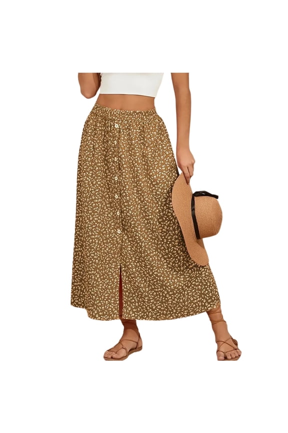Women High Waist Button Down Floral Print Maxi Skirt with Elastic Waistband Casual Loose Fit Summer Skirt Earthy Yellow S