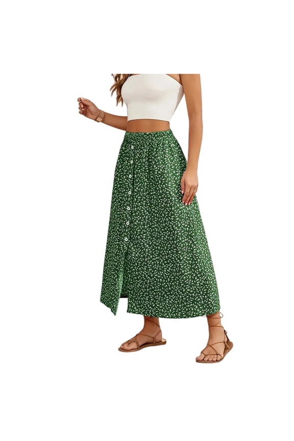 Women High Waist Button Down Floral Print Maxi Skirt with Elastic Waistband Casual Loose Fit Summer Skirt Green 2XL