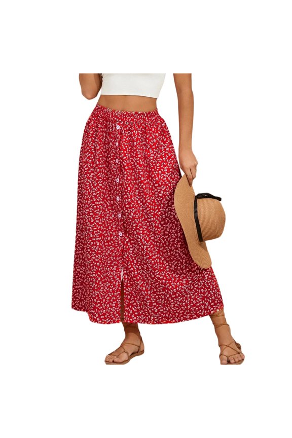 Women High Waist Button Down Floral Print Maxi Skirt with Elastic Waistband Casual Loose Fit Summer Skirt Red XL