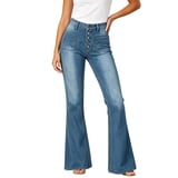 Women High Waist Button Fly Flare Jeans, Front Patch Pocket Vintage ...