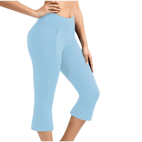 Women High Waist Capri Pants Elastic Waist Cropped Workout Yoga Pants with Pockets Tummy Control Leggings Pants Sky Blue M