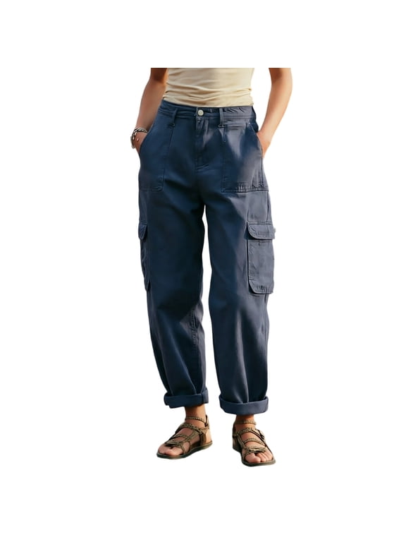 Women High Waist Cargo Baggy Pants, Button Fly Denim Style Casual Trousers, Large Side Flap Cargo Pockets Loose Straight Leg Rollable Cuff Streetwear Trousers Navy,L
