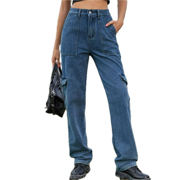 Women High Waist Cargo Jeans with Pocketed Long Length Solid Chic Durable Versatile Everyday Fashion Wardrobe Essentials