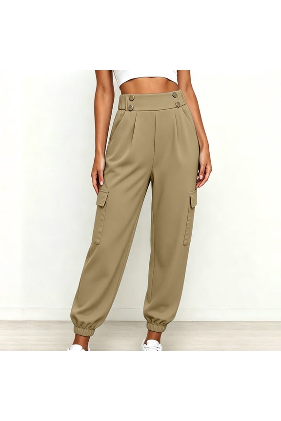 Women High Waist Cargo Jogger Pants Multi Pockets Pleated Loose Casual Cuffed Trousers for Outdoor Work Khaki S
